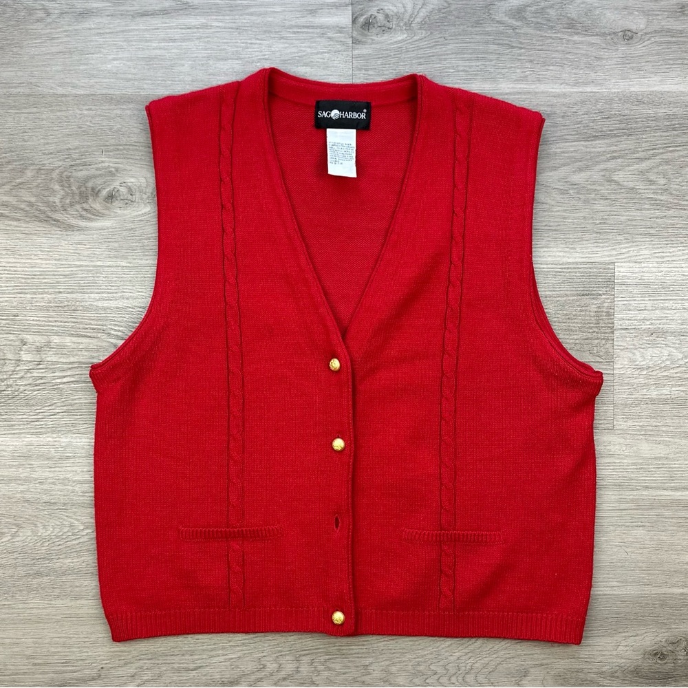 Vintage 90s Red Knit Sweater Vest with Gold Buttons Size Medium
